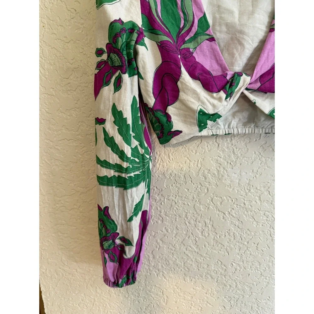 Caroline Constas Tropical Crop Top M Purple Green Floral Linen Blend Deep V-Neck